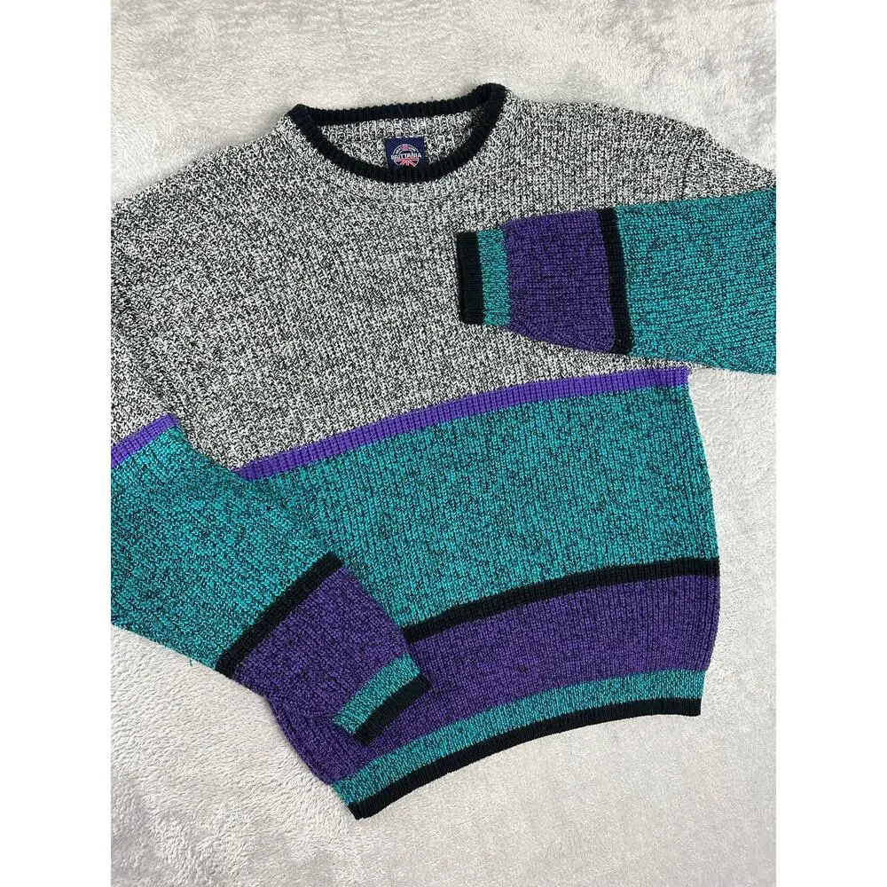 Vintage Brittania Purple Teal Colorblock Chunky Knit Sweater Men's Medium Retro